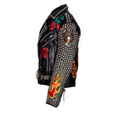 Women Punk Studded Leather, Jacket US Flag Eagle Gothic, Embroidered Patch, Fire Flame Patch Studded Jacket, Punk Rock,. Steam Punk Jacket